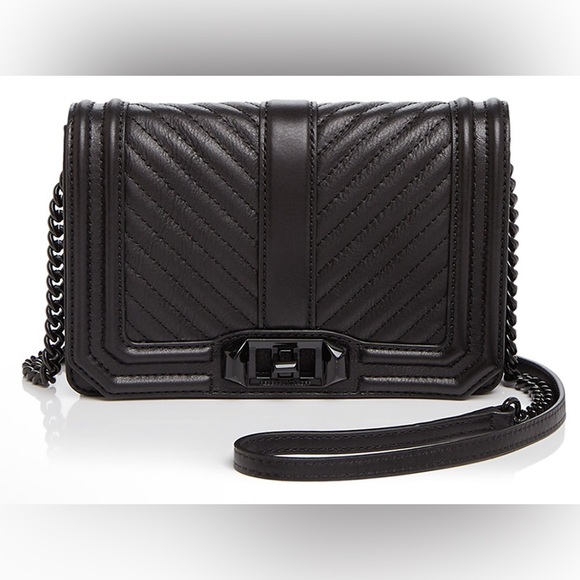 REBECCA MINKOFF Small Love Crossbody Chevron Quilted Leather Crossbody (Black) - Picture 6 of 13